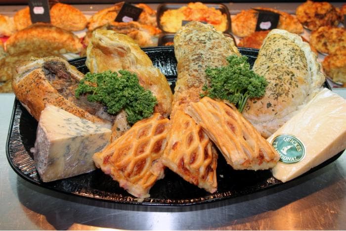 A platter of homemade pasties, sausage rolls and West Country cheese from the deli counter